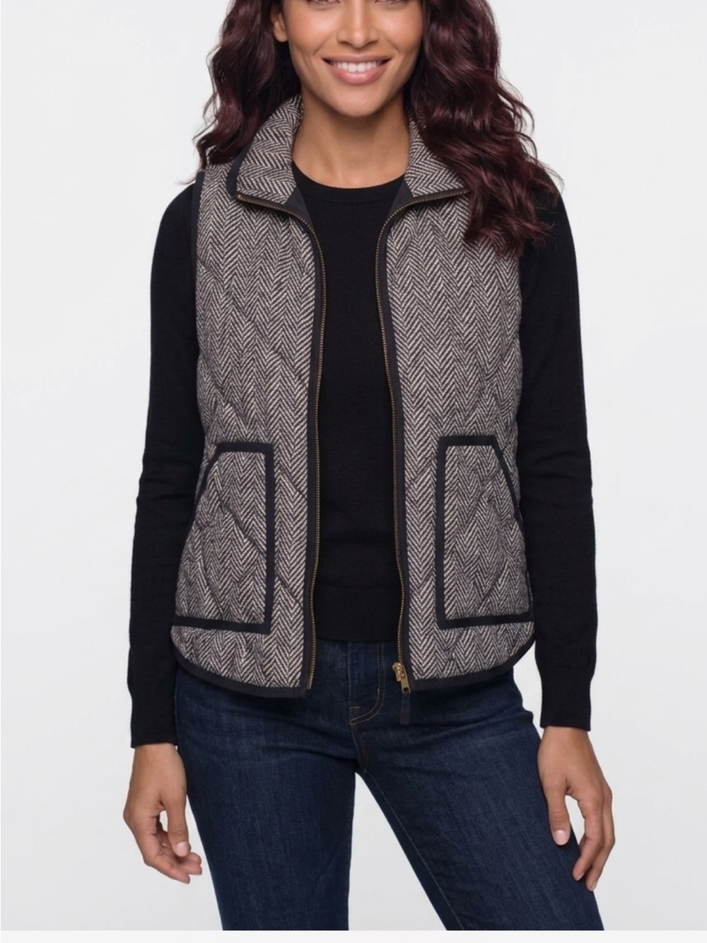 J. Crew Quilted Herringbone Zip Vest in Taupe and Black
